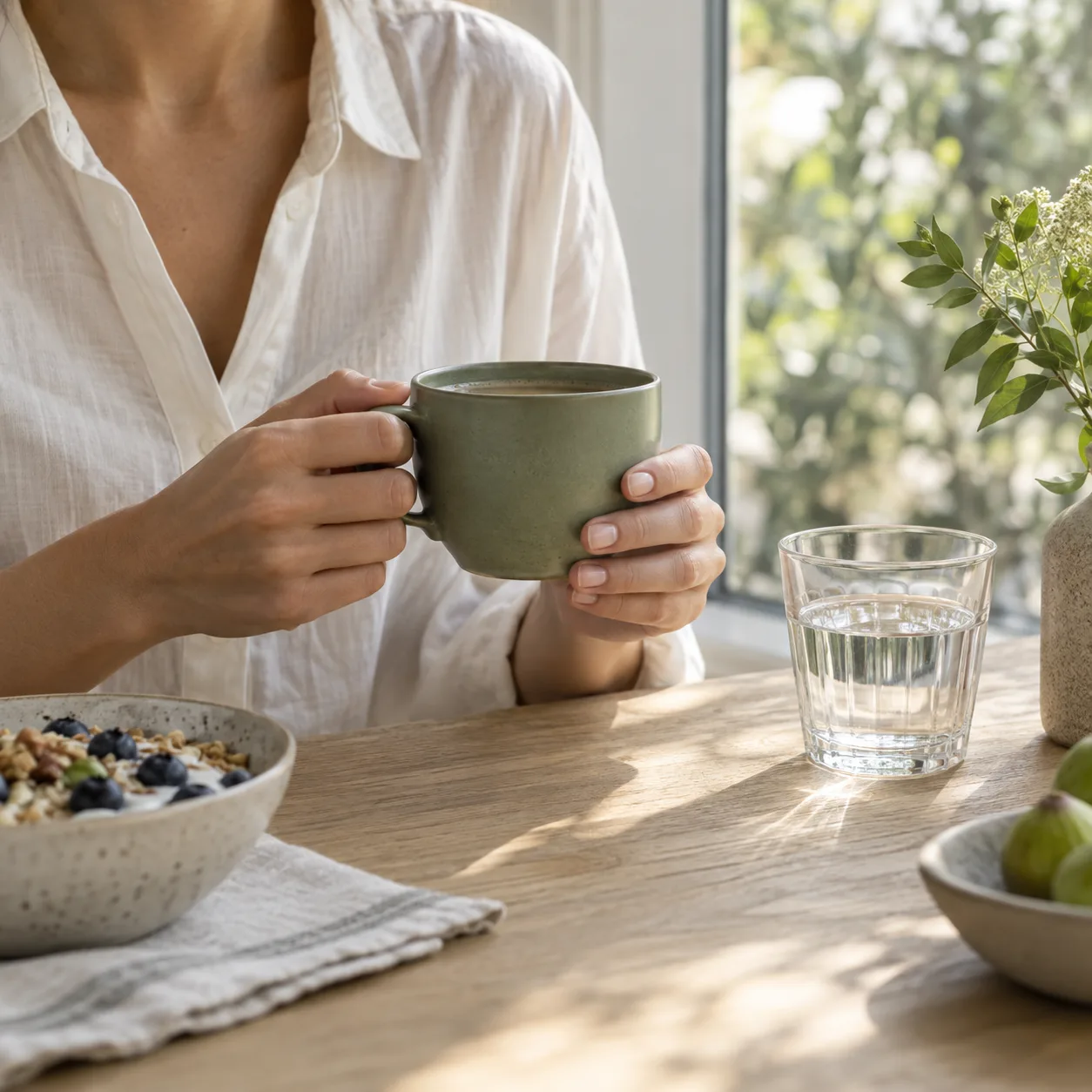 Eine Person hält morgens eine Tasse am hellen Fenster, daneben ein Frühstück und ein Glas Wasser