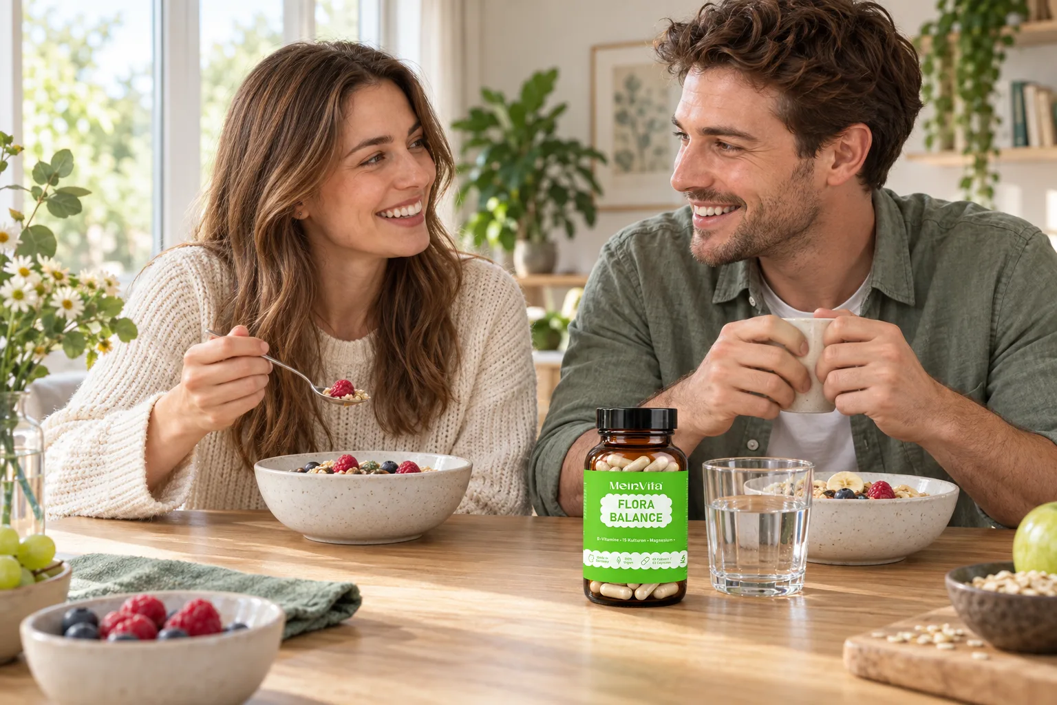 Eine Frau und ein Mann frühstücken gemeinsam am Tisch, daneben steht eine MeinVita Flora Balance Dose