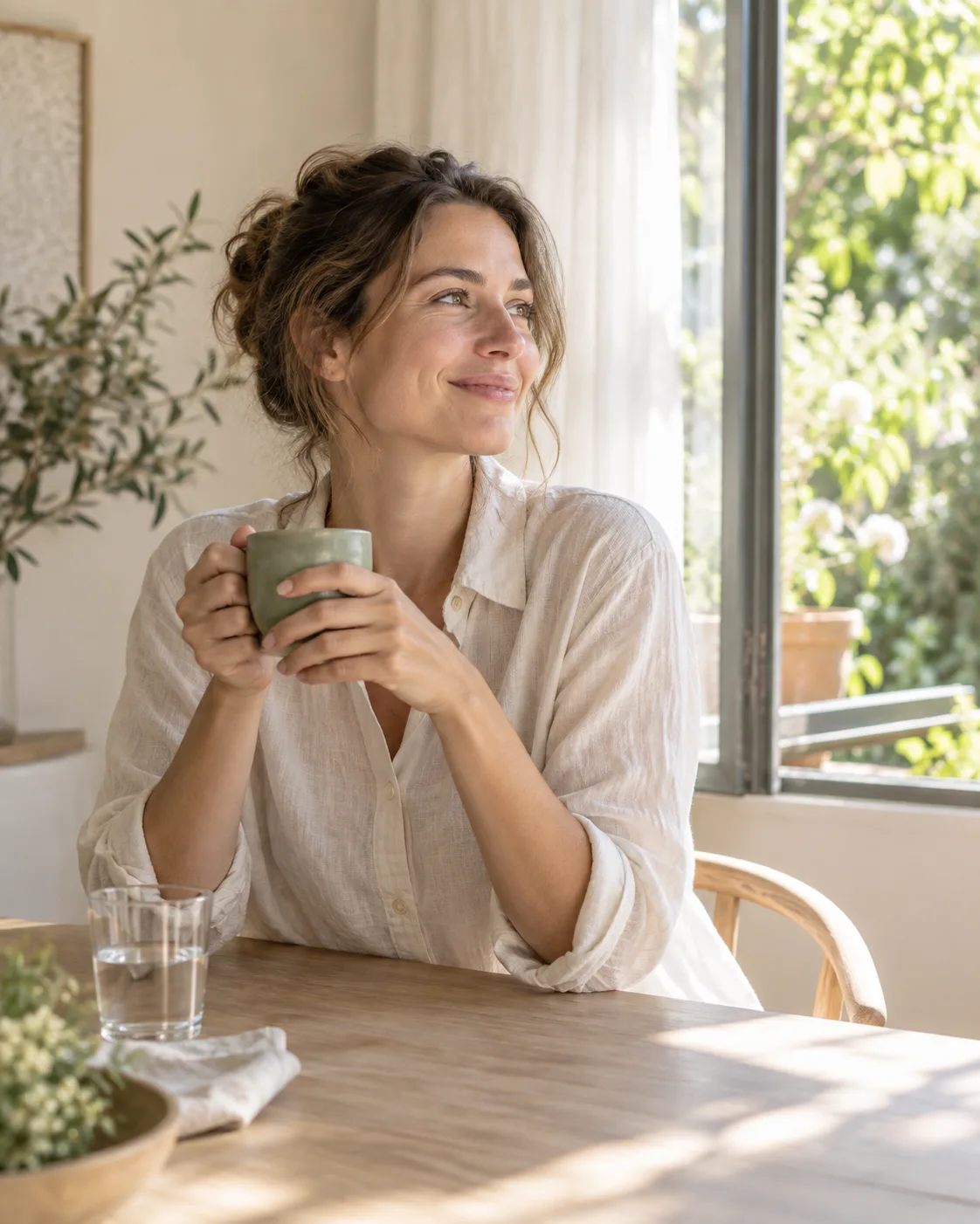 Eine Frau genießt einen ruhigen Morgen mit einer Tasse am offenen Fenster