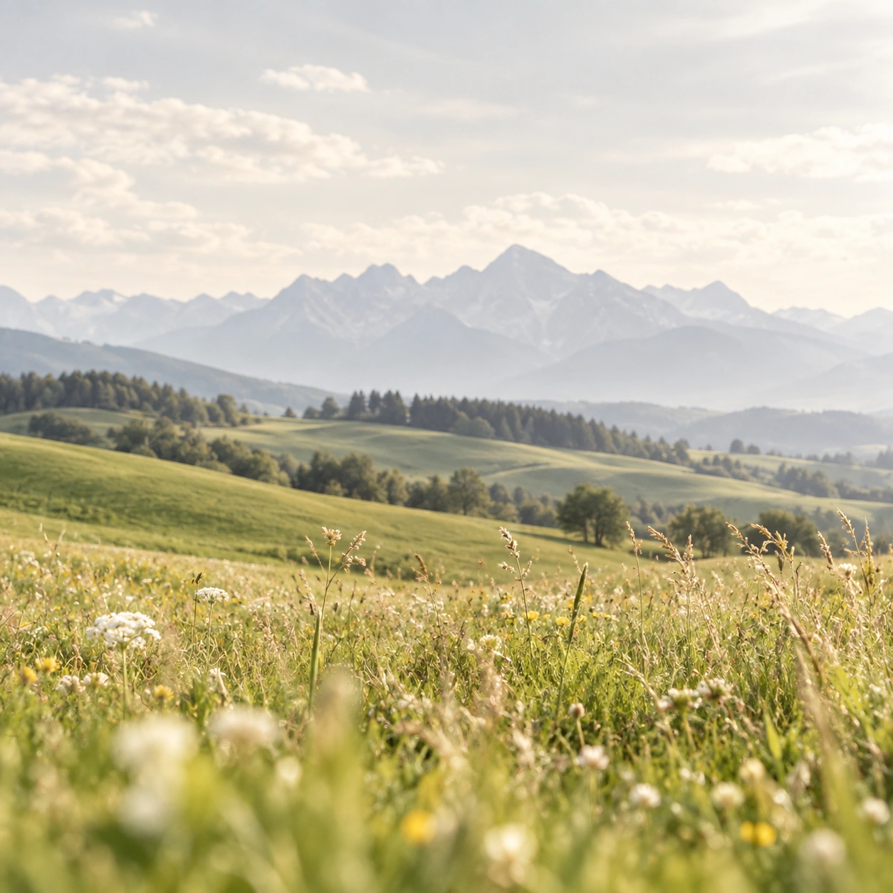Symbolische bayerische Landschaft mit Blumenwiese, grünen Hügeln und Bergen