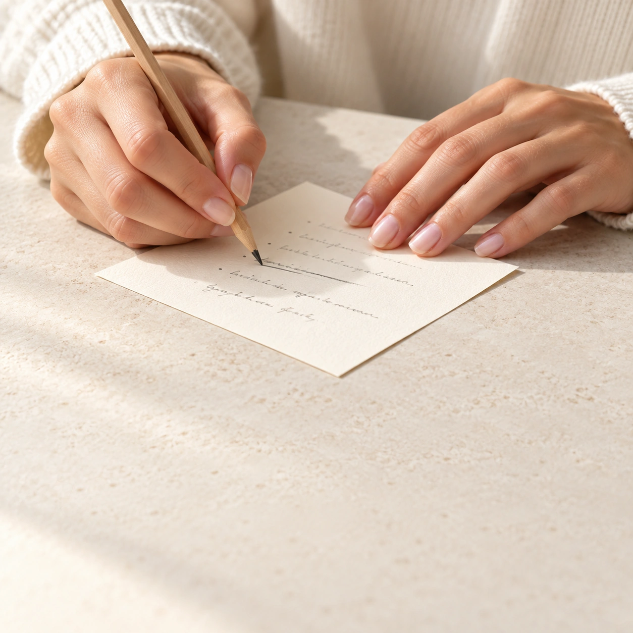Hände schreiben mit einem Bleistift auf eine Karte auf einem hellen Steintisch