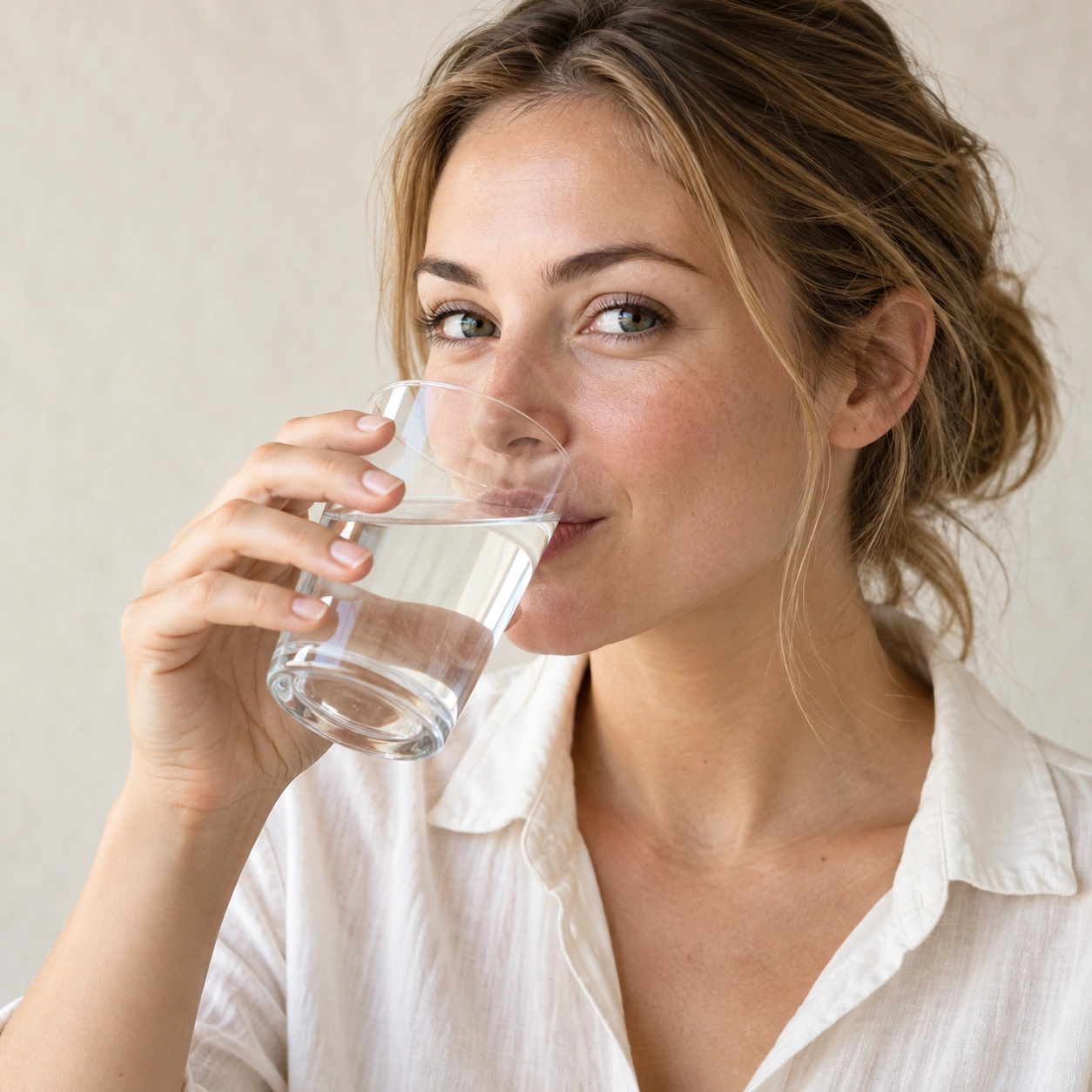Frau in einer hellen Bluse trinkt Wasser aus einem Glas vor einer hellen Wand